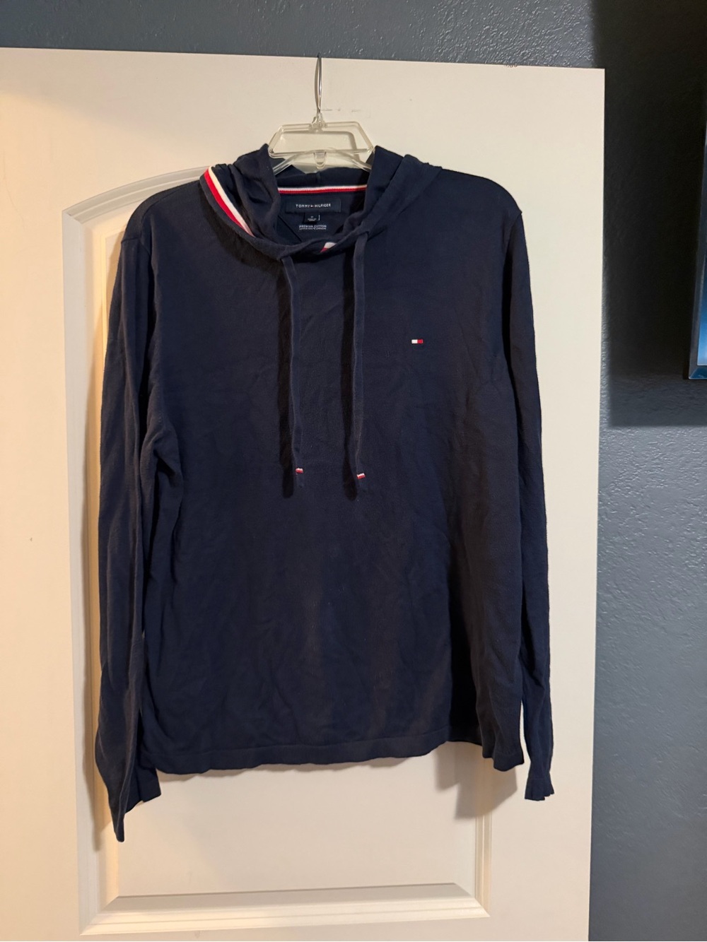 Tommy Hilfiger Navy Medium 100% Cotton Pullover Hoodie with Signature Trim